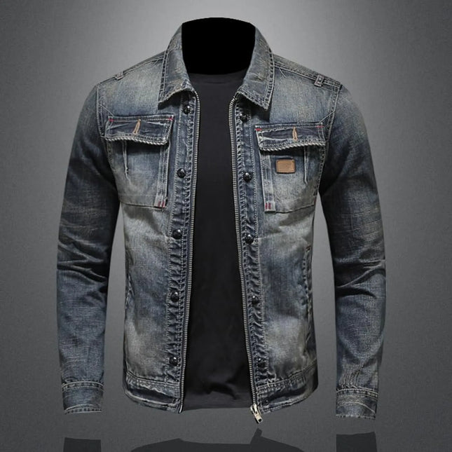 Vintage Denim Jacket With Zip Stand Up Cotton Slim Fit Denim Coat Jeans Jacket ClassicFor Men