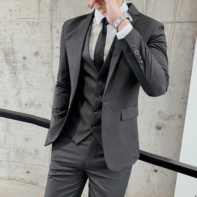 Suit (Blazer+vest+pants) Fashionable and Formal Outdoor Gentleman Solid Color Men's Business Wedding Host Gentle Three-piece Set