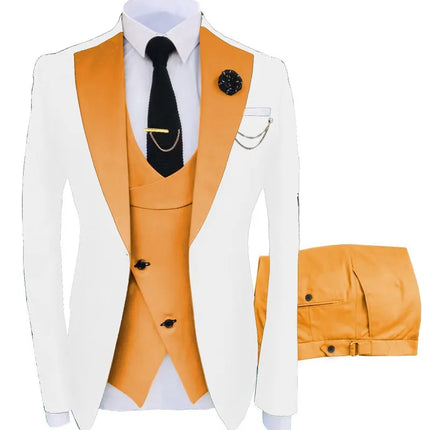 Men Three Piece Suit Sets Turn Down Collar Full Sleeve Blazers Vest Long Pants Slim Fit Ensemble Banquet Evening Splice Spring