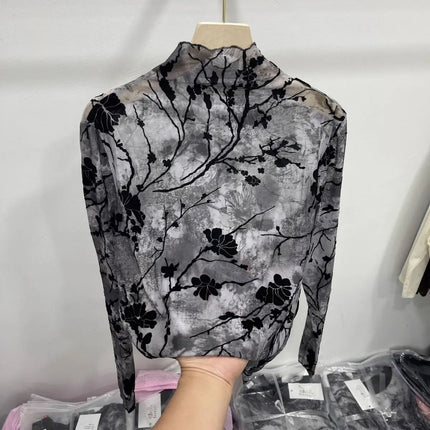 Women Autumn Spring Tops Layering Undershirts Long-Sleeve T-Shirts Printed Lace Mesh Versatile Fashionable Luxurious Designer