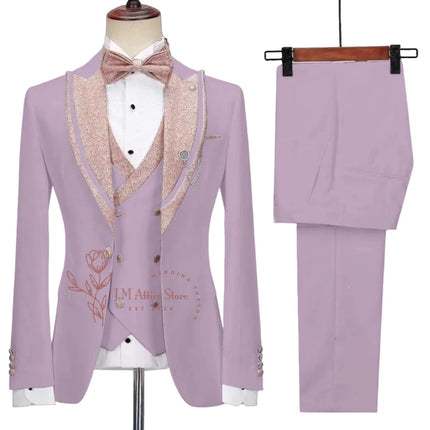 Stylish Men's Suit 3-piece Set Jacket Vest Pants White Slim Fit Pink Shinny Peak Lapel Blazer Wedding Prom Party Custom Tuxedo