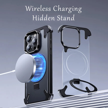 Aluminum Alloy Magnetic Stand Rimless Phone Case For iPhone 13 14 15 16 Pro Max Plus Metal Lens Shell  Frosted Matte Back Cover