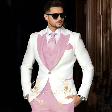 Luxury Men's Suits For Wedding Peak Lapel Slim Fit 3 Piece White Jacket Burgundy Pants Vest Formal Male Clothing Costume Homme