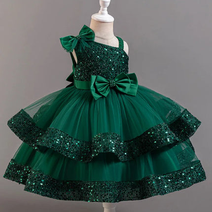 Girl's New Sequined Bow Irregular Collar Mesh Princess Dress Christmas Birthday Party Sweet and Cute Evening Dress