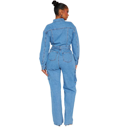 Women's New Autumn and Winter Fashion Elastic Organ Bag Wash Denim Jumpsuit Stand Collar Long Sleeve Denim Bell Bottoms Overalls