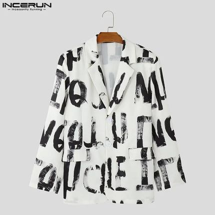 Fashion Casual Style Tops INCERUN Handsome Men's Art Hand-painted Letter Suit Coat Streetwear Male All-match Long Sleeved Blazer