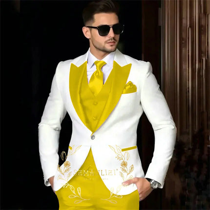 Luxury Men's Suits For Wedding Peak Lapel Slim Fit 3 Piece White Jacket Burgundy Pants Vest Formal Male Clothing Costume Homme