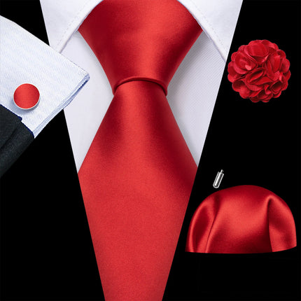 Barry.Wang Solid Silk Mens Tie Hankerchief Cufflinks Brooch Set Jacquard Plain Necktie Corsage For Male Wedding Party Events