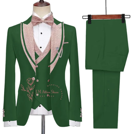 Stylish Men's Suit 3-piece Set Jacket Vest Pants White Slim Fit Pink Shinny Peak Lapel Blazer Wedding Prom Party Custom Tuxedo