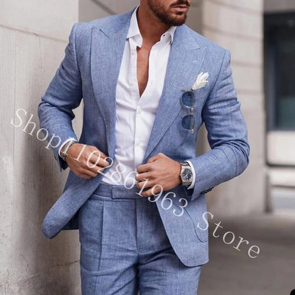 2023 White Linen Suits For Men Slim Fit Peak Lapel 2 Pieces Best Men Groom Wear Wedding Tuxedos Blazer+Pants Trajes De Hombre