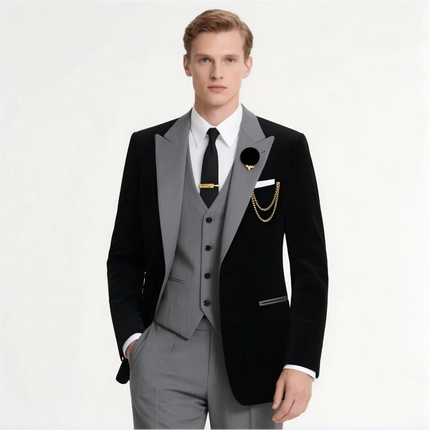 Men's 3-Piece Suit with Black Lapel US Size Formal Tuxedo for Groom Business And Wedding - Jacket Vest And Pants Ensemble