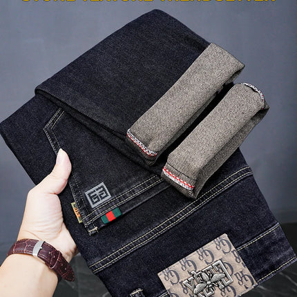 Male Denim Straight High Street Trousers Casual Men Fashion Elastic Waist Vintage Pant Spring Ripped Soft Stretch Slim Fit Jeans