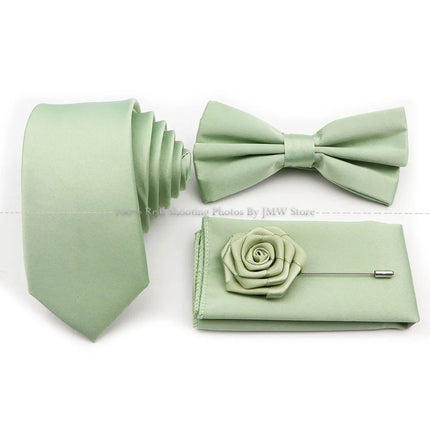 Hot Sale Purple Pink Sage Green Tie Set Polyester Necktie Bowtie Cufflink Brooch For Groom Suit Wedding Cravat Shirt Accessory