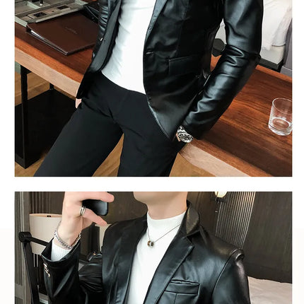 Men Casual Black White Suit Leather Jacket /Men Solid Color Business Suit Collar PU Blazers Dress Coat Fashion /New Men Clothing