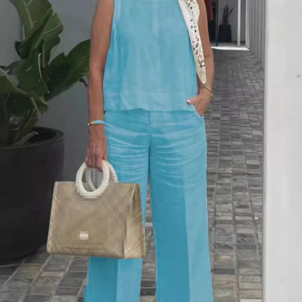 Simple Cotton Linen Women's Suits Summer Fashion Sleeveless Loose Blouse Wide Leg Pants Two Piece Set For Women Casual Outfits