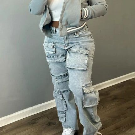Multi Pockets Jeans Cargo Pants Sexy Women High Waist Elegant Streetwear Denim Casual Straight Trousers