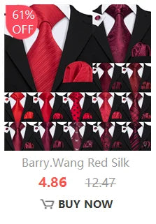 Barry.Wang Solid Silk Mens Tie Hankerchief Cufflinks Brooch Set Jacquard Plain Necktie Corsage For Male Wedding Party Events