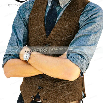 Mens Vests Tweed Herringbone Slim Fit Fashion Men's Suits Vests For Jacket Groomsmen  Waistcoat For Wedding