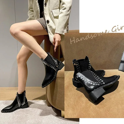 High Quality Women Shoes Leather Short Boots Women Pointed Chunky Heel Boots Fashion Rivet Ankle Boots Female Platform Heel 2024