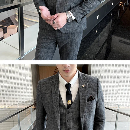 Checkered Suit (Blazer+Vest+Pants) Men's Fashion Hosting Work Business Wedding Casual Linen Art Style Elegant Gentleman's Suit