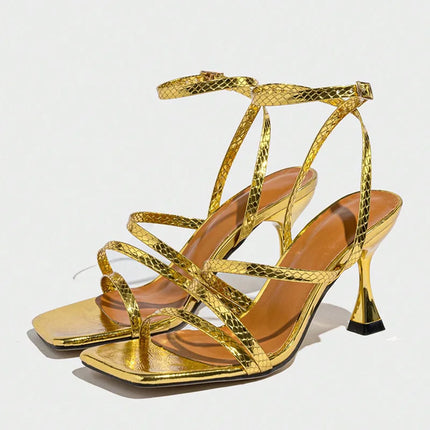 Liyke Sexy Snake Print Leather Ankle Strap Gold Sandals Women Narrow Band Square Open Toe Gladiator High Heels For Ladies Shoes