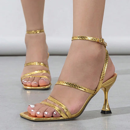 Liyke Sexy Snake Print Leather Ankle Strap Gold Sandals Women Narrow Band Square Open Toe Gladiator High Heels For Ladies Shoes