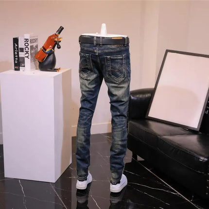 2025 Autumn and Winter Retro Jeans Men's Trendy Brand Slim-fitting Small Feet Elastic Youth Fashion Handsome Blue Long Pants