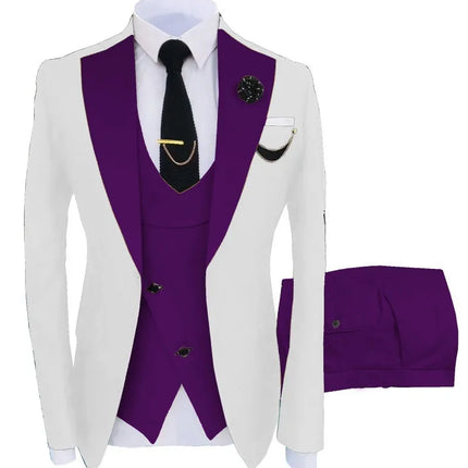 Men Three Piece Suit Sets Turn Down Collar Full Sleeve Blazers Vest Long Pants Slim Fit Ensemble Banquet Evening Splice Spring