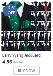 Barry.Wang Solid Silk Mens Tie Hankerchief Cufflinks Brooch Set Jacquard Plain Necktie Corsage For Male Wedding Party Events