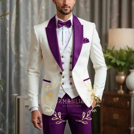New Men Suit Sets Formal Banquet Luxury Ivory Blazer Vest Burgundy Pants Outfits Wedding Grooms Custom Fashion Slim Fit Costumes