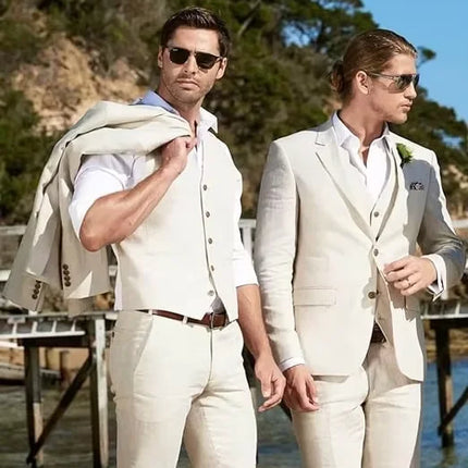 3 piece Linen Summer Men Suits for Wedding Groom Tuxedos 2026 Casual Beach Custom Man Suit Set Jacket Vest with Pants Man Fahion