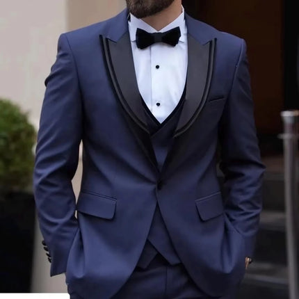 Men Suit 3 Pieces Navy Blue With Lapel Solid For Wedding Banquet Birthday Business Party Prom Work Office Jacket Vest Pants Set