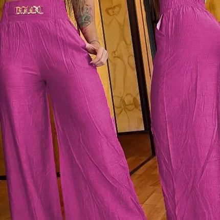 Women's High Waist Wide Leg Pants, Elegant Chain Decor, Black Trousers, Casual Clothes, White, Summer