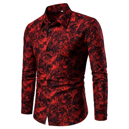 Mens Printed Lapel Long Sleeve Shirt Casual Blouse Fashionable Polyester Casual Wear