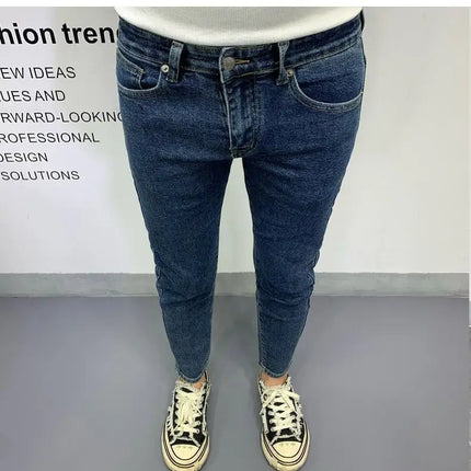 New Men's Slim Denim Jeans Casual Spring and Autumn Stretchy Skinny Pants Korean Style Trendy Cowboy Hip Hop Cropped Trousers