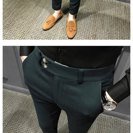 Spring Autumn Men's Slim Fit Korean Style Suit Pants Casual Nine Point Length Trendy White Pants For Office Wear