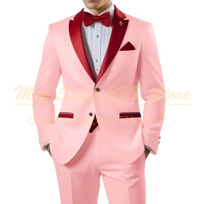 Customized White Men Suits Single Breasted Red Notch Lapel Slim Fit Male Clothing High Quality Wedding 2 Piece Jacket Pants 2025