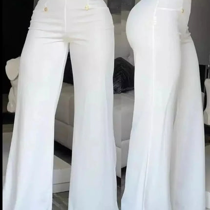 Women's High Waist Wide Leg Pants, Elegant Chain Decor, Black Trousers, Casual Clothes, White, Summer