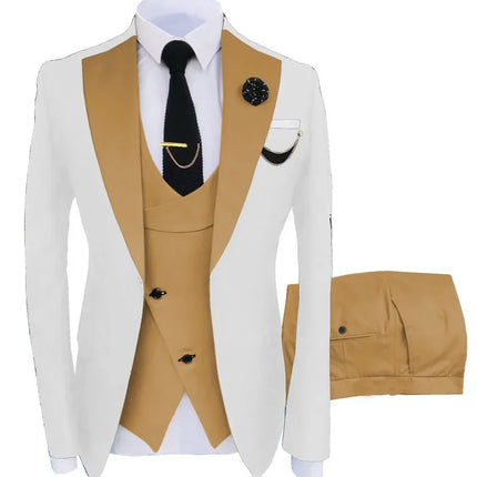 Men Three Piece Suit Sets Turn Down Collar Full Sleeve Blazers Vest Long Pants Slim Fit Ensemble Banquet Evening Splice Spring