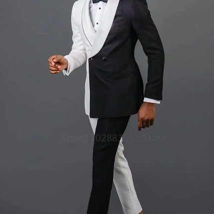 2 Pieces Newest Splicing Colors Men Suits Set  Wedding Groom Tuxedo White Black Blazer+Pants Custom Made Prom Dress Coat