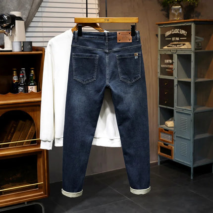 New Embroidery Fashion Straight Jeans Men Stretch Black Blue Slim Fit Pants Comfortable Business Denim Trousers