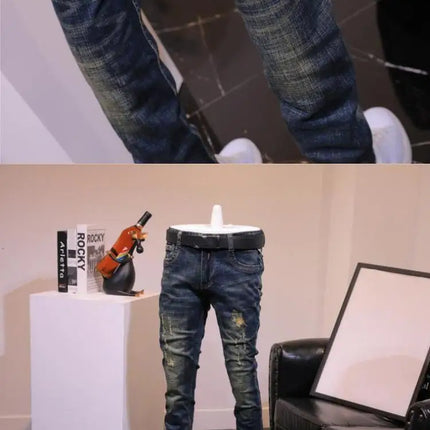 2025 Autumn and Winter Retro Jeans Men's Trendy Brand Slim-fitting Small Feet Elastic Youth Fashion Handsome Blue Long Pants