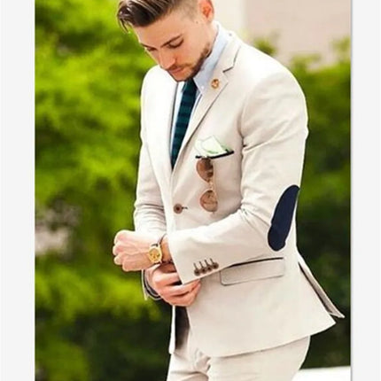 Men Suits Latest Designs Beige Groom Tuxedos elbow patches 2 Pieces (Jacket+Pants) Italian Man Suit Blazer Wedding Prom Dinner
