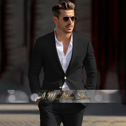 Men's linen suit 2-piece peak lapel jacket pants for summer beach wedding groom prom party tailor-made casual formal outfit