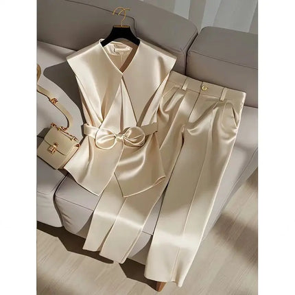 Fashion Satin Celebrity Outfits Elegant OL Peter Pan Collar Bow Sleeveless Vest + High Waist Wide Leg Pants Two Piece Set