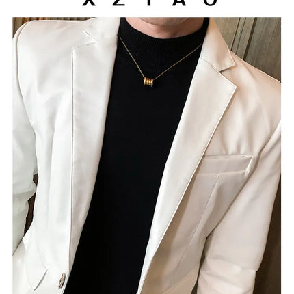 Men Casual Black White Suit Leather Jacket /Men Solid Color Business Suit Collar PU Blazers Dress Coat Fashion /New Men Clothing