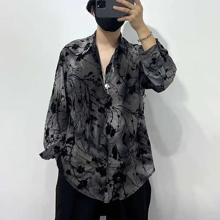 Spring Thin Original Design Trendy Men's Hollow out Iron Free Loose Handsome Shirt Vintage Printed Casual Shirt