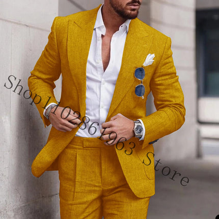 2023 White Linen Suits For Men Slim Fit Peak Lapel 2 Pieces Best Men Groom Wear Wedding Tuxedos Blazer+Pants Trajes De Hombre