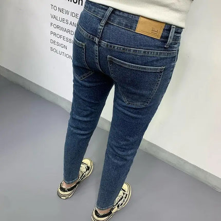 New Men's Slim Denim Jeans Casual Spring and Autumn Stretchy Skinny Pants Korean Style Trendy Cowboy Hip Hop Cropped Trousers