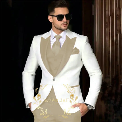 Luxury Men's Suits For Wedding Peak Lapel Slim Fit 3 Piece White Jacket Burgundy Pants Vest Formal Male Clothing Costume Homme